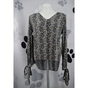 Hinge Long Sleeve Tie Cuffs V Neck Floral Print Blouse Multi Color Size Small